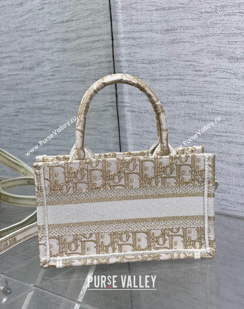 Dior Mini Book Tote Bag with Strap in White and Gold-Tone Dior Oblique Embroidery 2023 (BF-231228022)