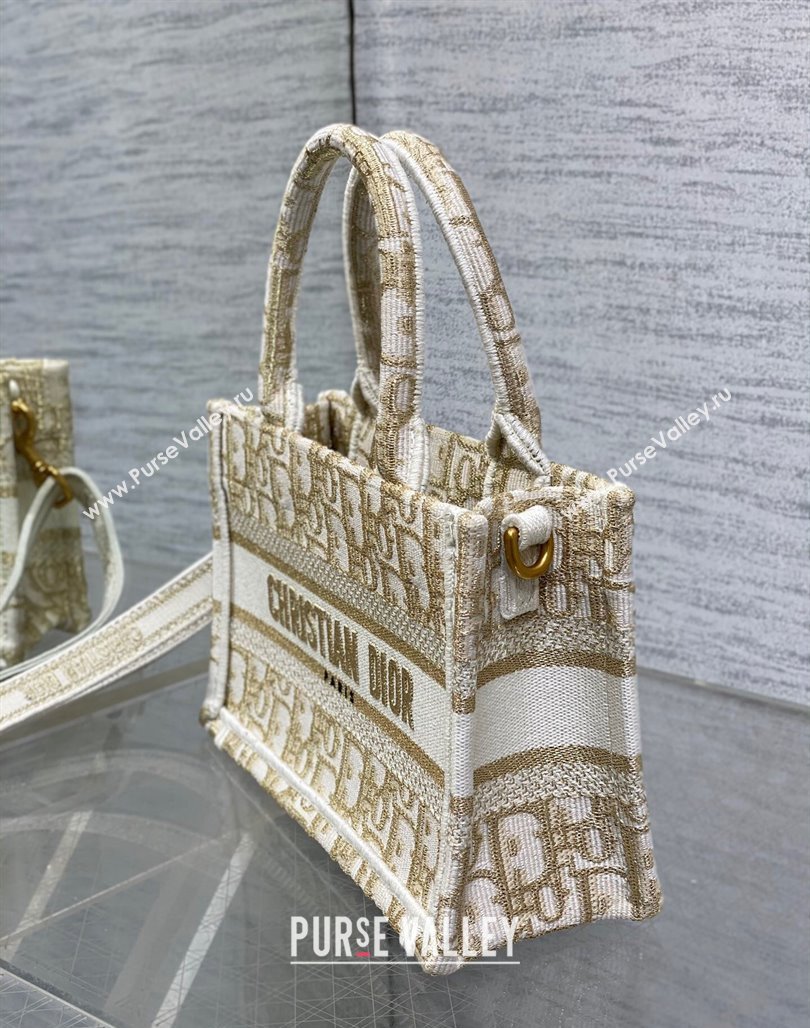 Dior Mini Book Tote Bag with Strap in White and Gold-Tone Dior Oblique Embroidery 2023 (BF-231228022)