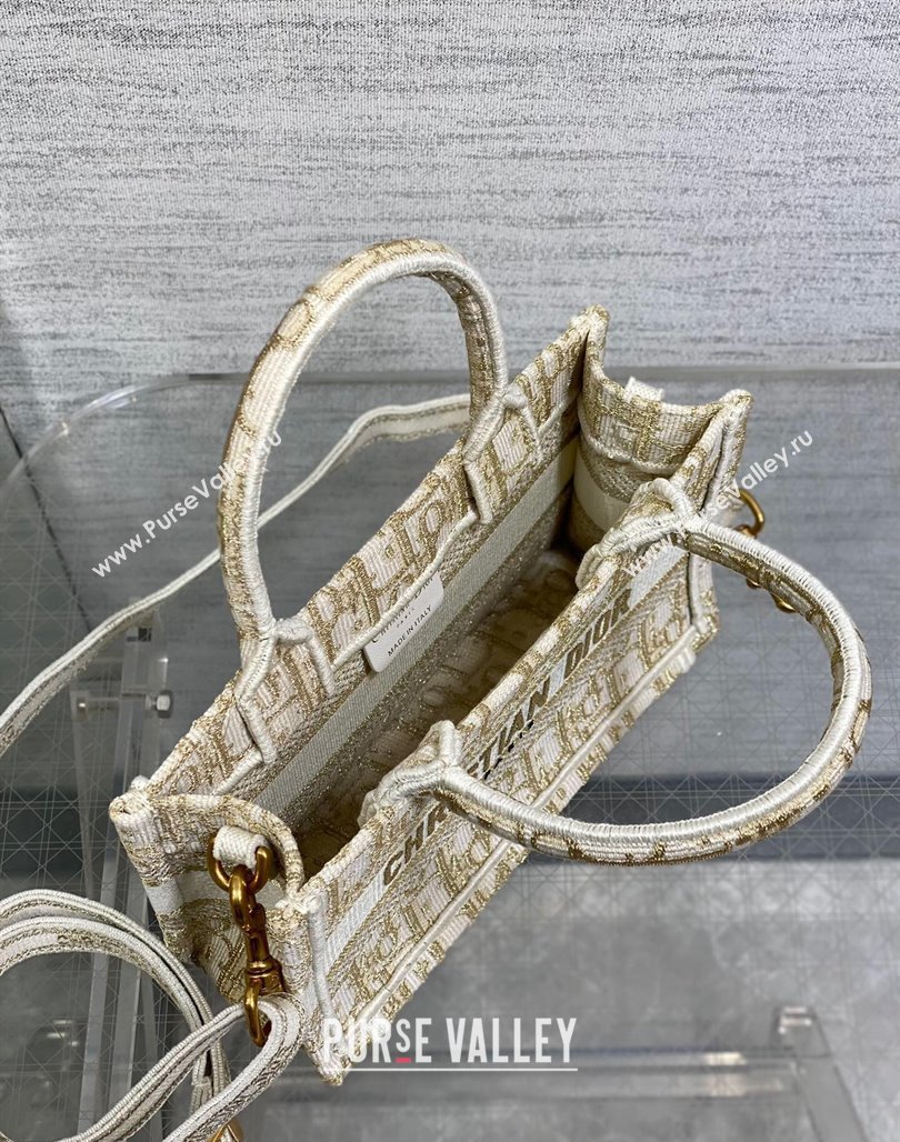 Dior Mini Book Tote Bag with Strap in White and Gold-Tone Dior Oblique Embroidery 2023 (BF-231228022)