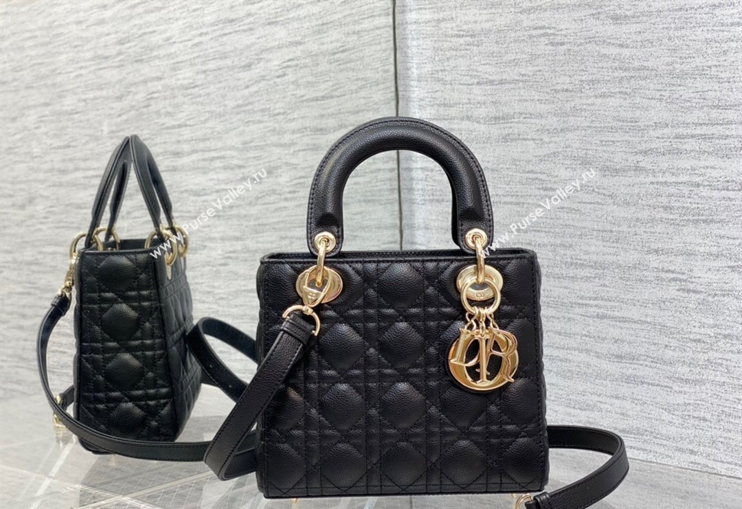 Dior Small Lady Dior Bag in Cannage Grained Calfskin Black/Gold 2023 1228 (BF-231228038)