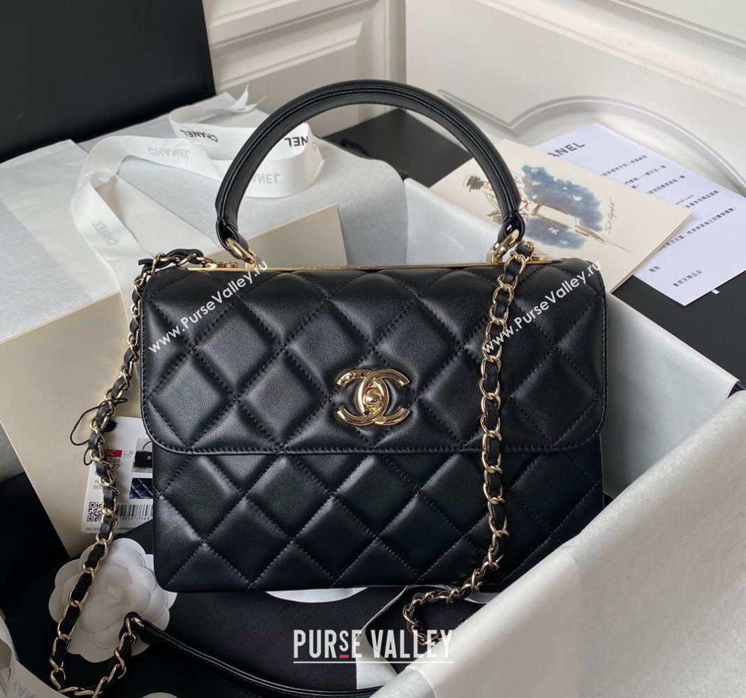 Chanel Trendy CC Quilted Lambskin Flap Bag with Top handle and Metal-Tone Band A92236 Black 2023 (yezi-231226097)