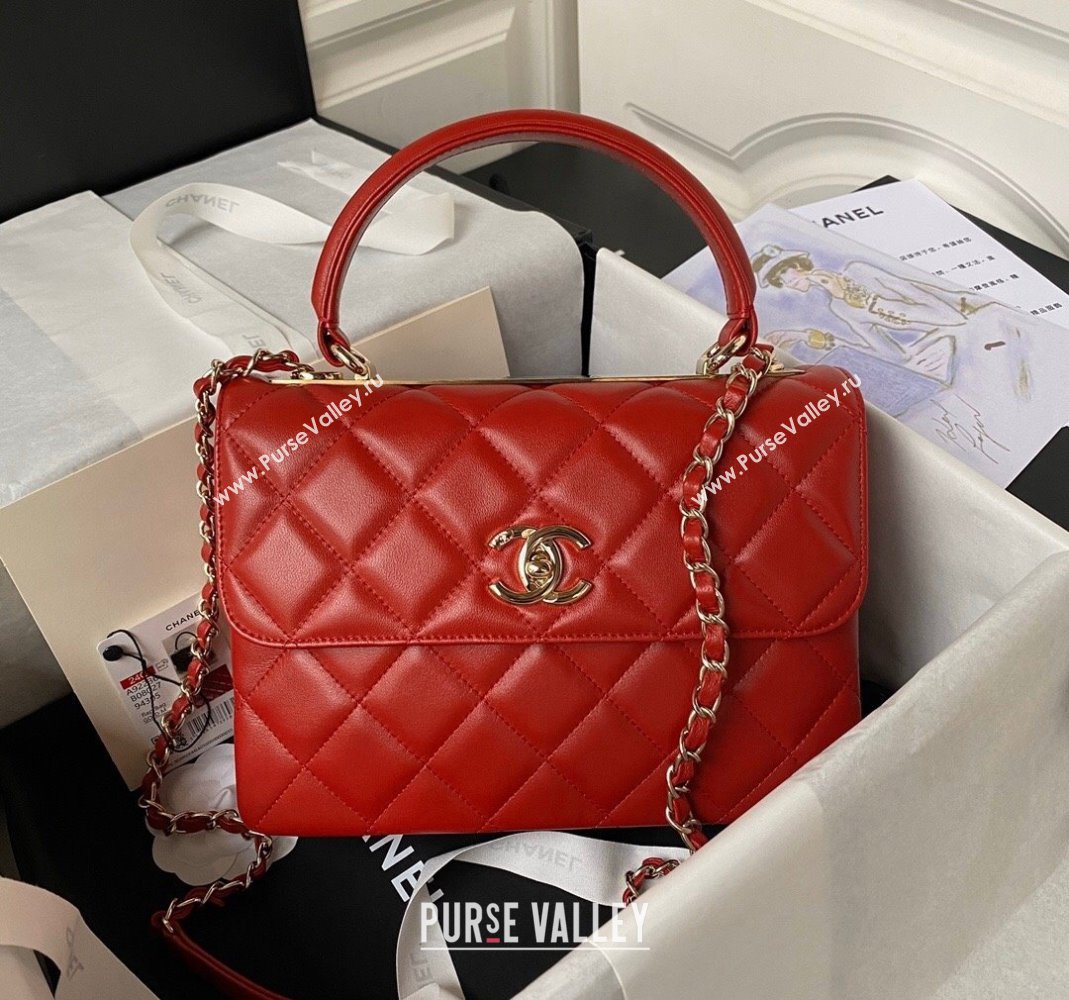 Chanel Trendy CC Quilted Lambskin Flap Bag with Top handle and Metal-Tone Band A92236 Bright Red 2023 (yezi-231226099)