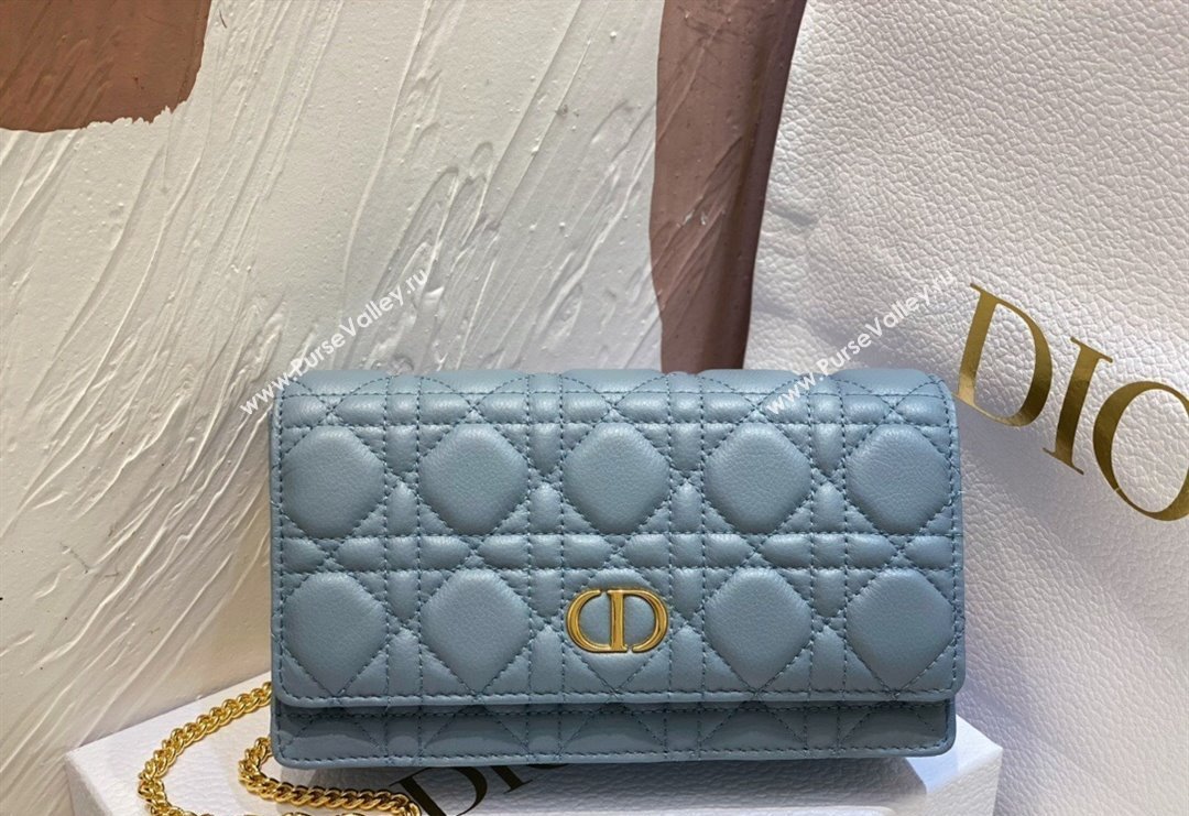 Dior Caro Pouch with Chain in Supple Cannage Calfskin Light Blue 2023 5134 (BF-231228060)