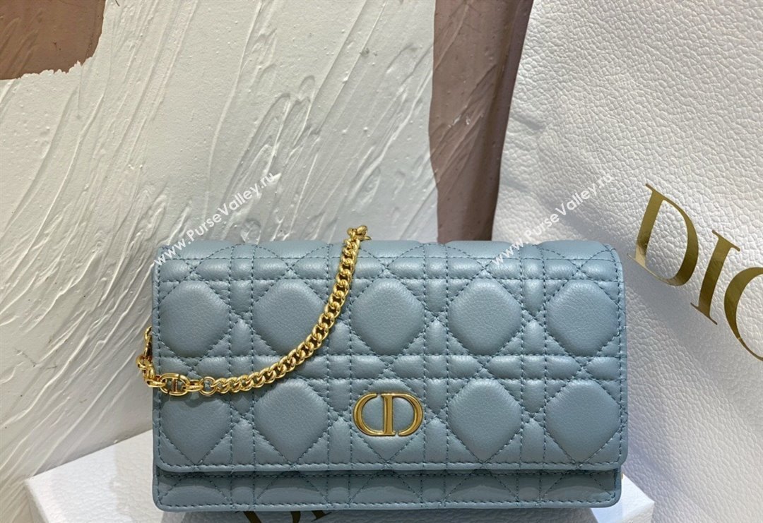 Dior Caro Pouch with Chain in Supple Cannage Calfskin Light Blue 2023 5134 (BF-231228060)