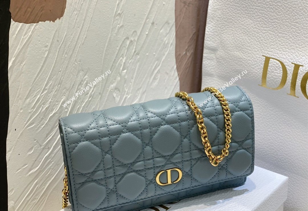 Dior Caro Pouch with Chain in Supple Cannage Calfskin Light Blue 2023 5134 (BF-231228060)