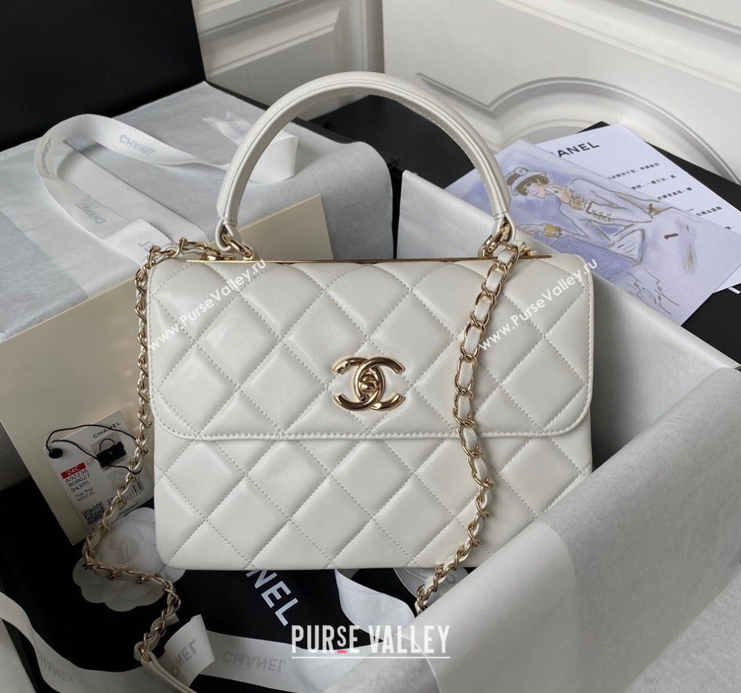 Chanel Trendy CC Quilted Lambskin Flap Bag with Top handle and Metal-Tone Band A92236 White 2023 (yezi-231226101)