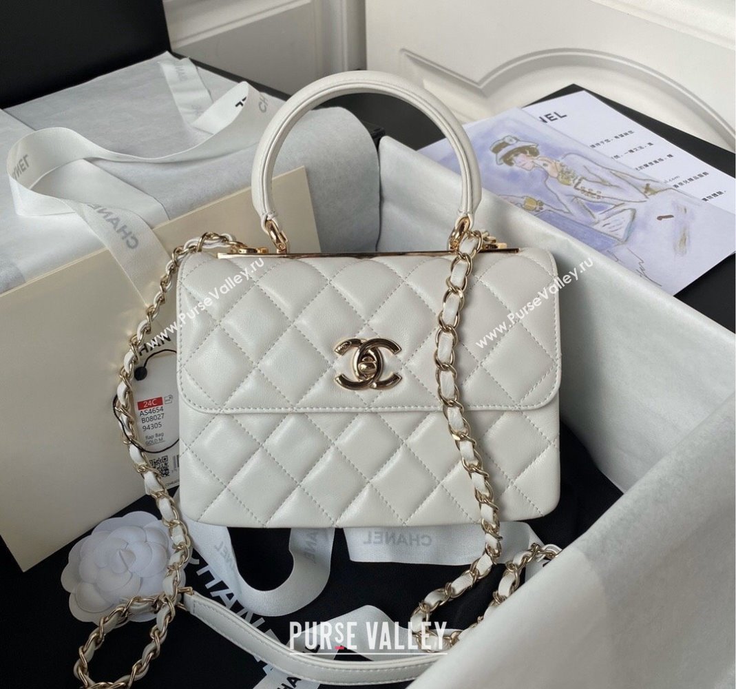 Chanel Trendy CC Quilted Lambskin Mini Flap Bag with Top handle and Metal-Tone Band AS4654 White/Gold 2023 (yezi-231226091)