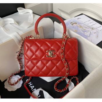 Chanel Trendy CC Quilted Lambskin Mini Flap Bag with Top handle and Metal-Tone Band AS4654 Bright Red 2023 (yezi-231226088)