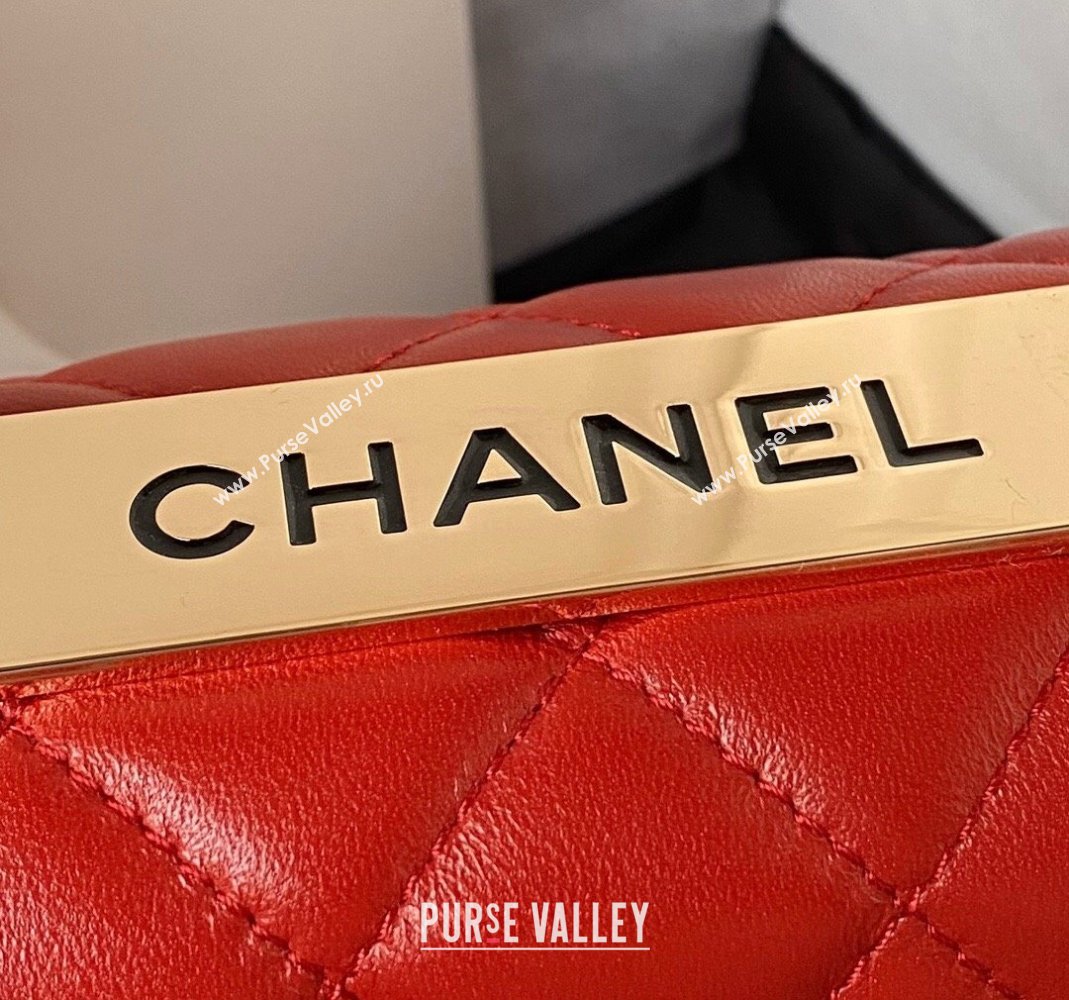 Chanel Trendy CC Quilted Lambskin Mini Flap Bag with Top handle and Metal-Tone Band AS4654 Bright Red 2023 (yezi-231226088)