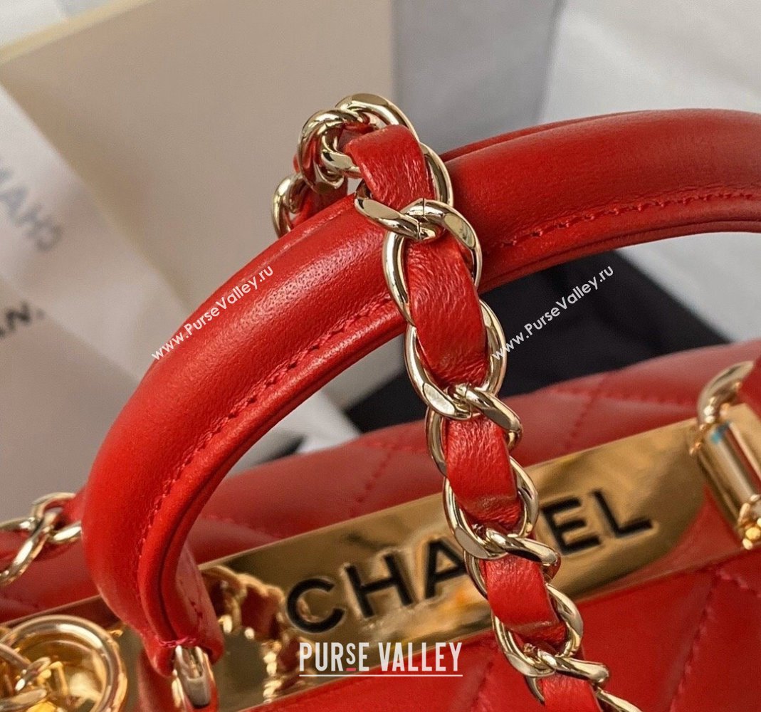 Chanel Trendy CC Quilted Lambskin Mini Flap Bag with Top handle and Metal-Tone Band AS4654 Bright Red 2023 (yezi-231226088)