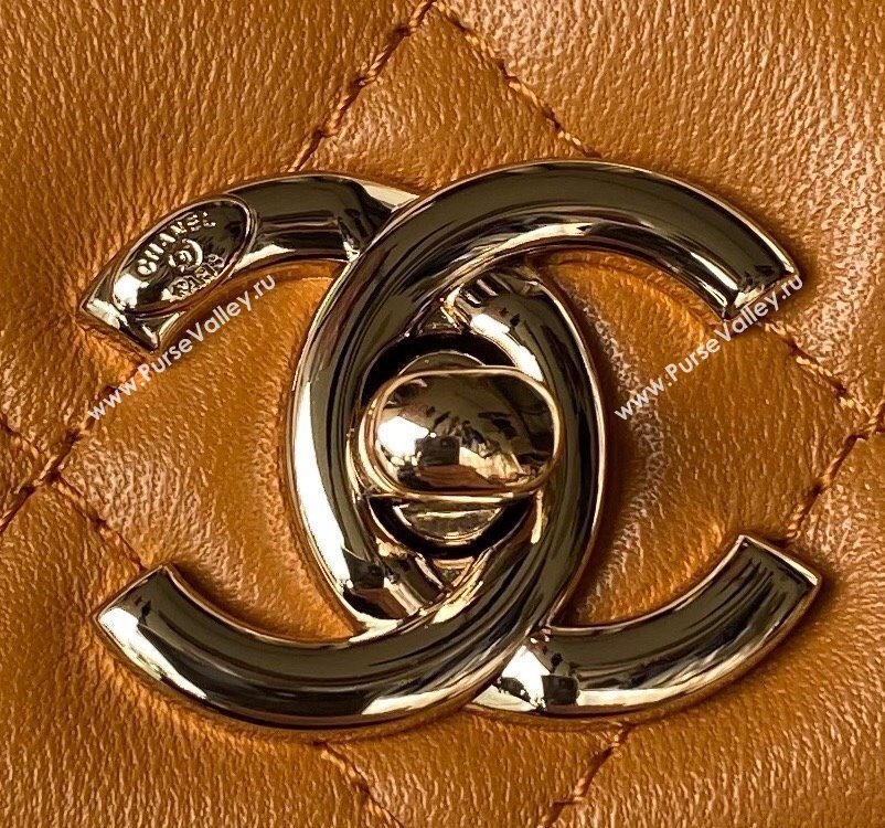 Chanel Trendy CC Quilted Lambskin Mini Flap Bag with Top handle and Metal-Tone Band AS4654 Light Brown 2023 (yezi-231226090)