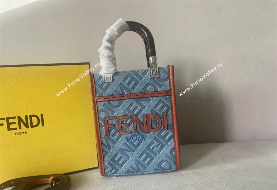 Fendi Mini Sunshine Shopper Tote Bag Charm in Light Blue Denim 2023 (AF-231228102)