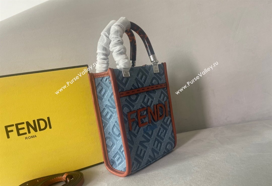 Fendi Mini Sunshine Shopper Tote Bag Charm in Light Blue Denim 2023 (AF-231228102)