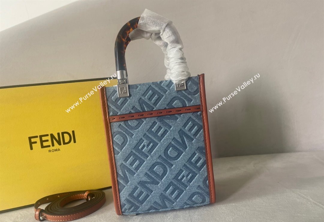 Fendi Mini Sunshine Shopper Tote Bag Charm in Light Blue Denim 2023 (AF-231228102)