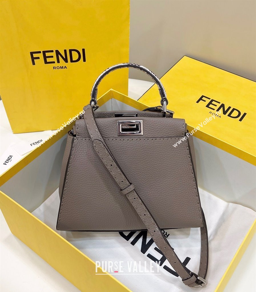 Fendi Peekaboo Mini Bag in Grained Leather and Snakeskin with Oversized topstitching Dove Grey 2023 8551 top (CL-231228123)