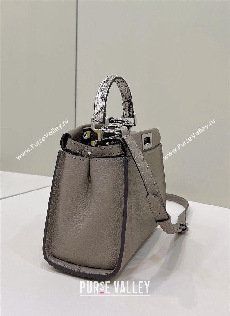 Fendi Peekaboo Mini Bag in Grained Leather and Snakeskin with Oversized topstitching Dove Grey 2023 8551 top (CL-231228123)