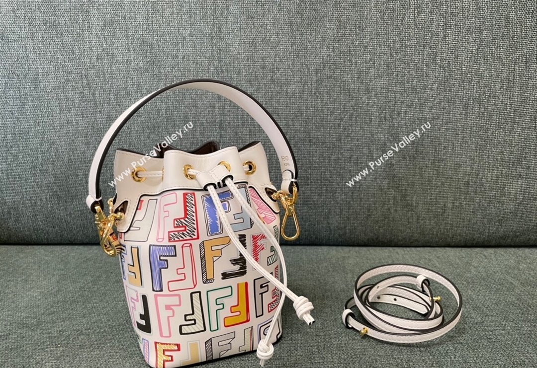 Fendi Mon Tresor Leather Mini Bucket Bag White/Multicolor 2023 83390 (JD-231229038)