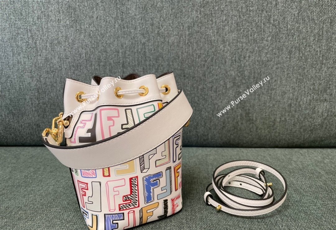 Fendi Mon Tresor Leather Mini Bucket Bag White/Multicolor 2023 83390 (JD-231229038)