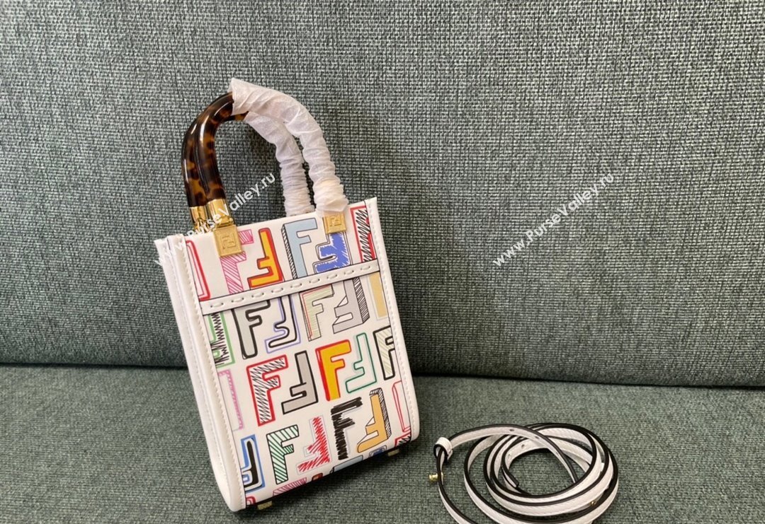 Fendi Mini Sunshine Shopper Bag in FF Leather White/Multicolor 2023 8376 (JD-231229039)