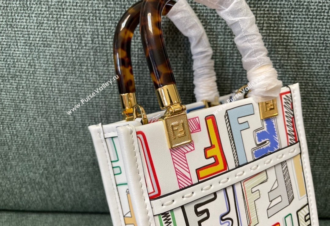 Fendi Mini Sunshine Shopper Bag in FF Leather White/Multicolor 2023 8376 (JD-231229039)