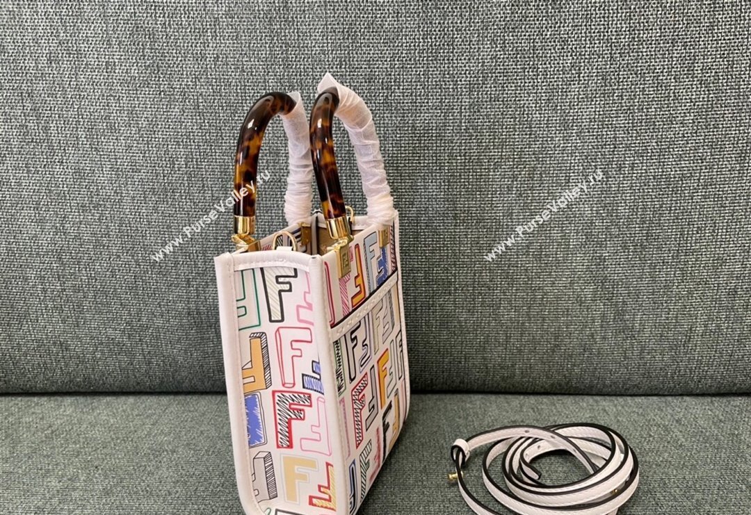 Fendi Mini Sunshine Shopper Bag in FF Leather White/Multicolor 2023 8376 (JD-231229039)