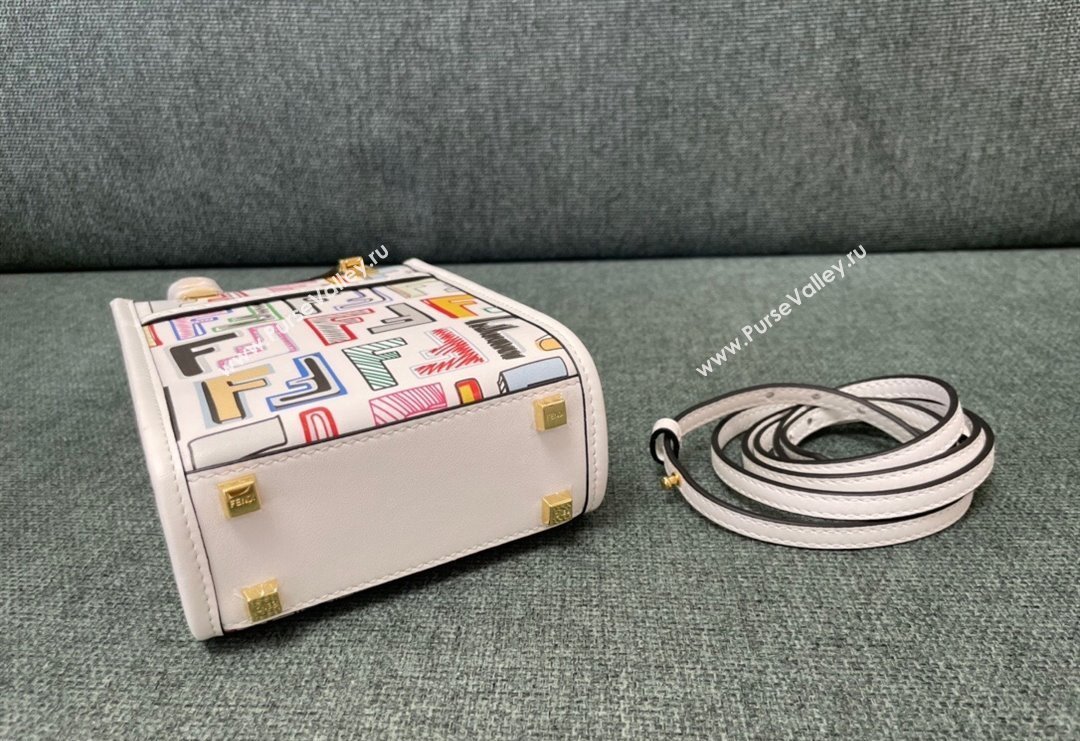 Fendi Mini Sunshine Shopper Bag in FF Leather White/Multicolor 2023 8376 (JD-231229039)