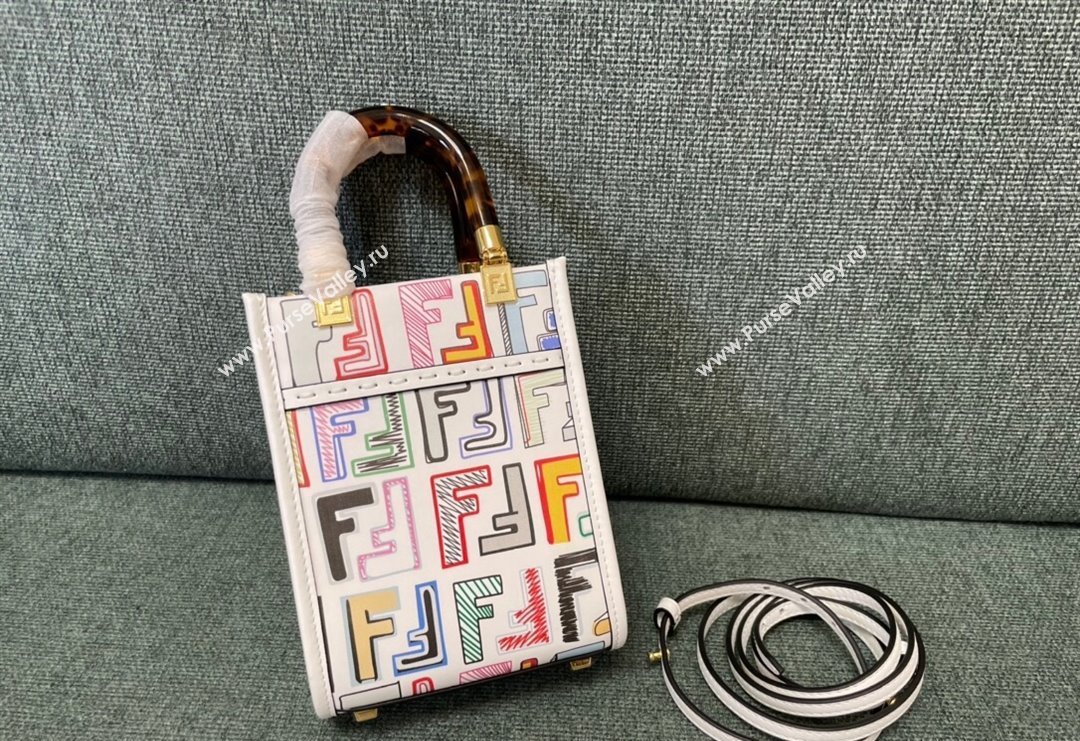 Fendi Mini Sunshine Shopper Bag in FF Leather White/Multicolor 2023 8376 (JD-231229039)