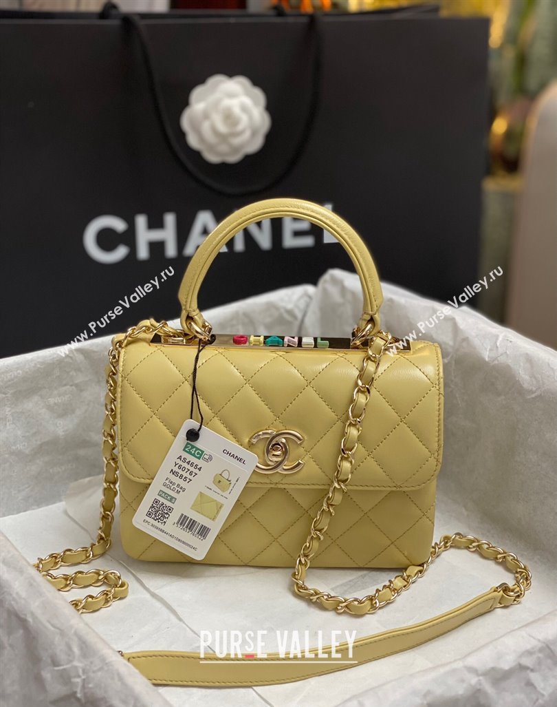 Chanel Trendy CC Quilted Lambskin Mini Flap Bag with Top handle and Metal-Tone Band AS4654 Yellow 2023 (yezi-231226095)