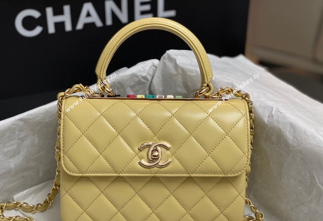 Chanel Trendy CC Quilted Lambskin Mini Flap Bag with Top handle and Metal-Tone Band AS4654 Yellow 2023 (yezi-231226095)