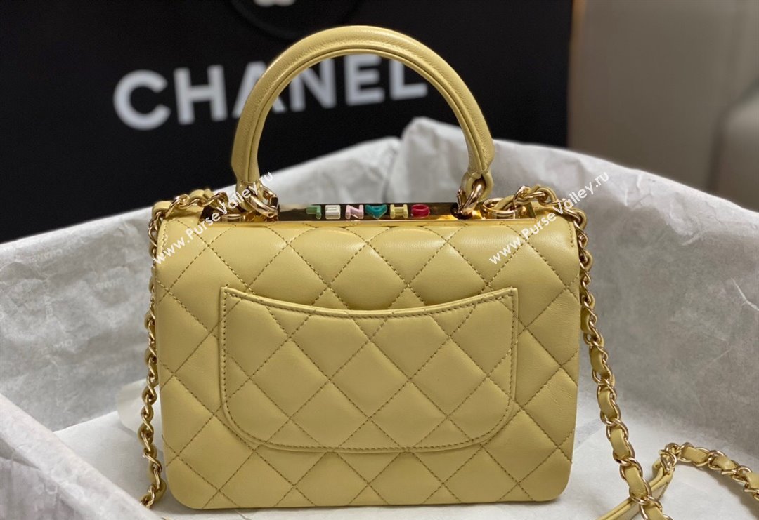 Chanel Trendy CC Quilted Lambskin Mini Flap Bag with Top handle and Metal-Tone Band AS4654 Yellow 2023 (yezi-231226095)