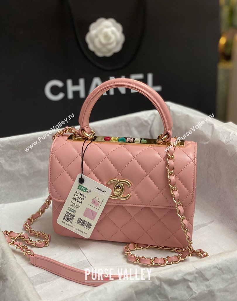 Chanel Trendy CC Quilted Lambskin Mini Flap Bag with Top handle and Metal-Tone Band AS4654 Light Pink 2023 (yezi-231226096)