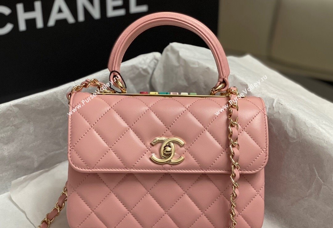 Chanel Trendy CC Quilted Lambskin Mini Flap Bag with Top handle and Metal-Tone Band AS4654 Light Pink 2023 (yezi-231226096)