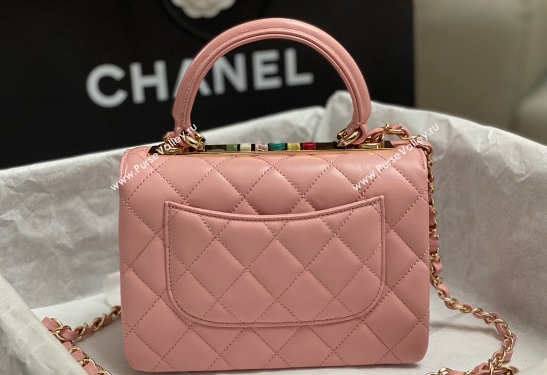 Chanel Trendy CC Quilted Lambskin Mini Flap Bag with Top handle and Metal-Tone Band AS4654 Light Pink 2023 (yezi-231226096)