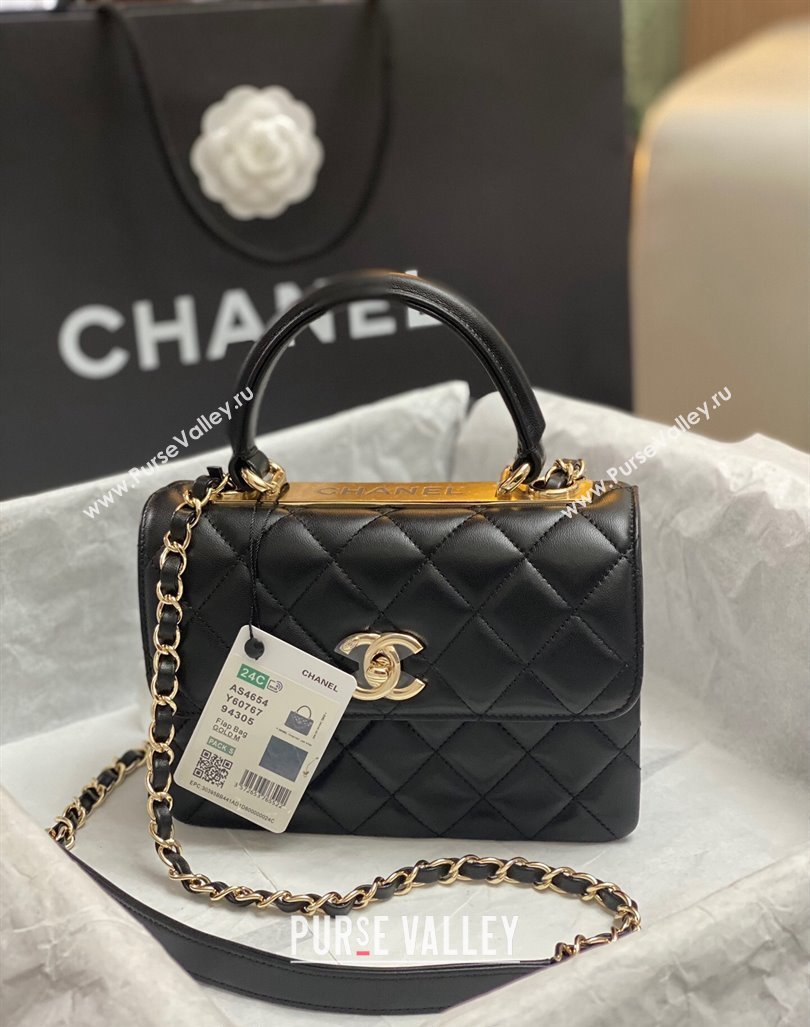 Chanel Trendy CC Quilted Lambskin Mini Flap Bag with Top handle and Metal-Tone Band AS4654 Black/Gold 2023 (yezi-231226087)