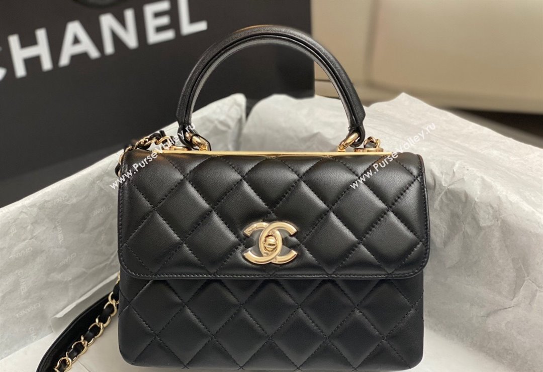 Chanel Trendy CC Quilted Lambskin Mini Flap Bag with Top handle and Metal-Tone Band AS4654 Black/Gold 2023 (yezi-231226087)