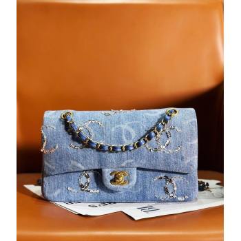 Chanel Classic Medium Flap Bag in Sequins Embroidered Denim A01112 Blue 2 2023 (yezi-2312260134)