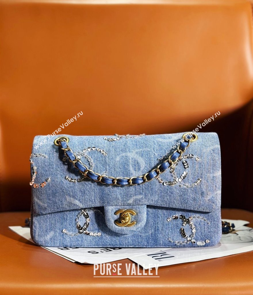 Chanel Classic Medium Flap Bag in Sequins Embroidered Denim A01112 Blue 2 2023 (yezi-2312260134)