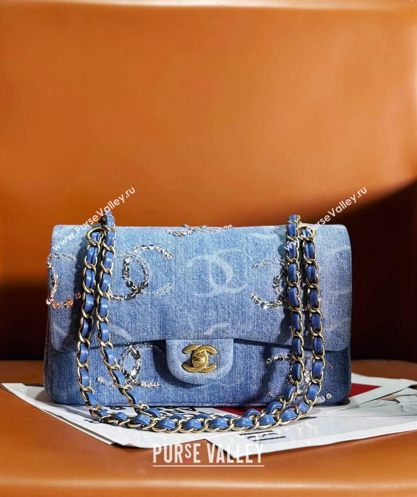 Chanel Classic Medium Flap Bag in Sequins Embroidered Denim A01112 Blue 2 2023 (yezi-2312260134)