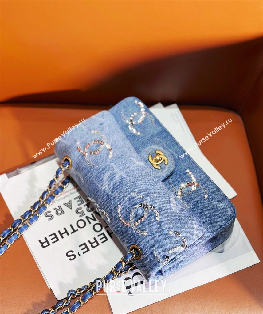 Chanel Classic Medium Flap Bag in Sequins Embroidered Denim A01112 Blue 2 2023 (yezi-2312260134)