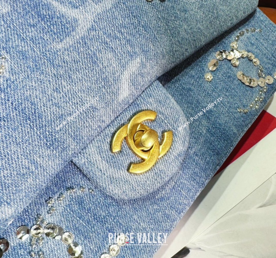 Chanel Classic Medium Flap Bag in Sequins Embroidered Denim A01112 Blue 2 2023 (yezi-2312260134)