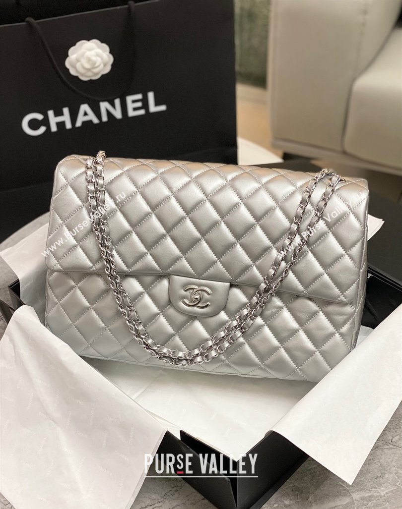 Chanel XL Airline Travel Flap Bag in Grained Leather All Silver 2023 1226 (yezi-2312260108)