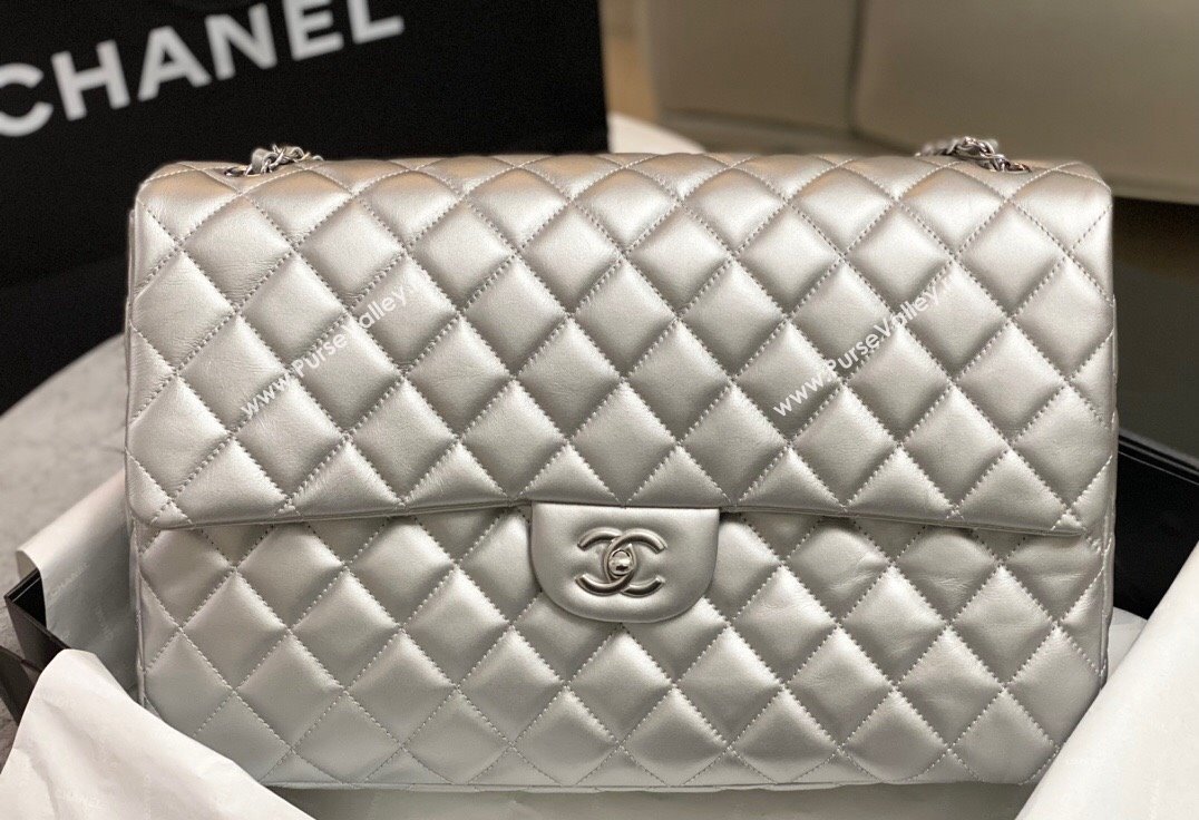 Chanel XL Airline Travel Flap Bag in Grained Leather All Silver 2023 1226 (yezi-2312260108)