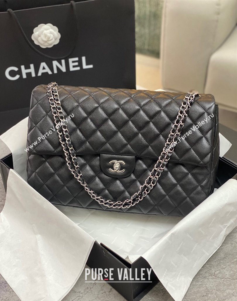 Chanel XL Airline Travel Flap Bag in Grained Leather Black/Silver 2023 1226 (yezi-2312260109)