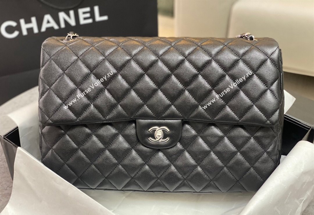 Chanel XL Airline Travel Flap Bag in Grained Leather Black/Silver 2023 1226 (yezi-2312260109)