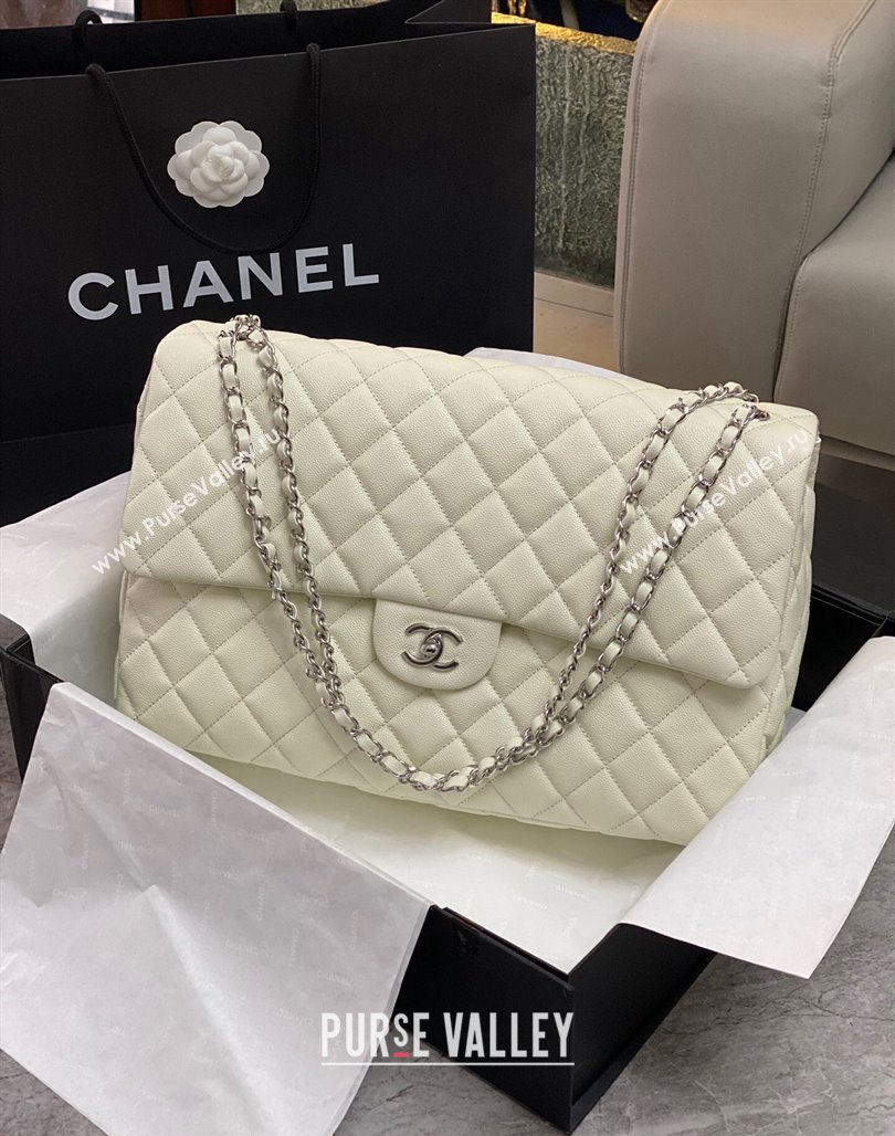 Chanel XL Airline Travel Flap Bag in Grained Leather White/Silver 2023 1226 (yezi-2312260112)