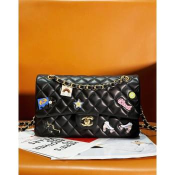 Chanel Lambskin Classic Flap Bag with Badges Charm A01112 Black 2023 (yezi-2312260116)