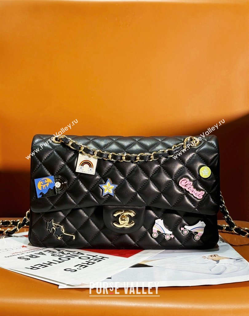 Chanel Lambskin Classic Flap Bag with Badges Charm A01112 Black 2023 (yezi-2312260116)