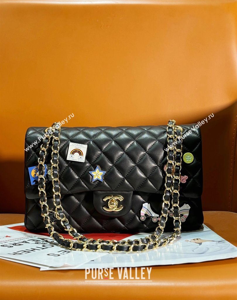 Chanel Lambskin Classic Flap Bag with Badges Charm A01112 Black 2023 (yezi-2312260116)