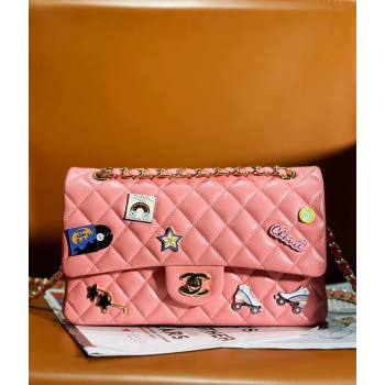 Chanel Lambskin Classic Flap Bag with Badges Charm A01112 Coral Pink 2023 (yezi-2312260115)