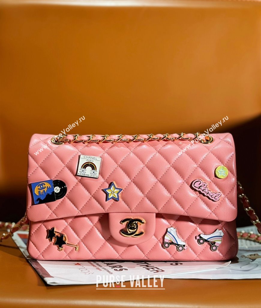 Chanel Lambskin Classic Flap Bag with Badges Charm A01112 Coral Pink 2023 (yezi-2312260115)